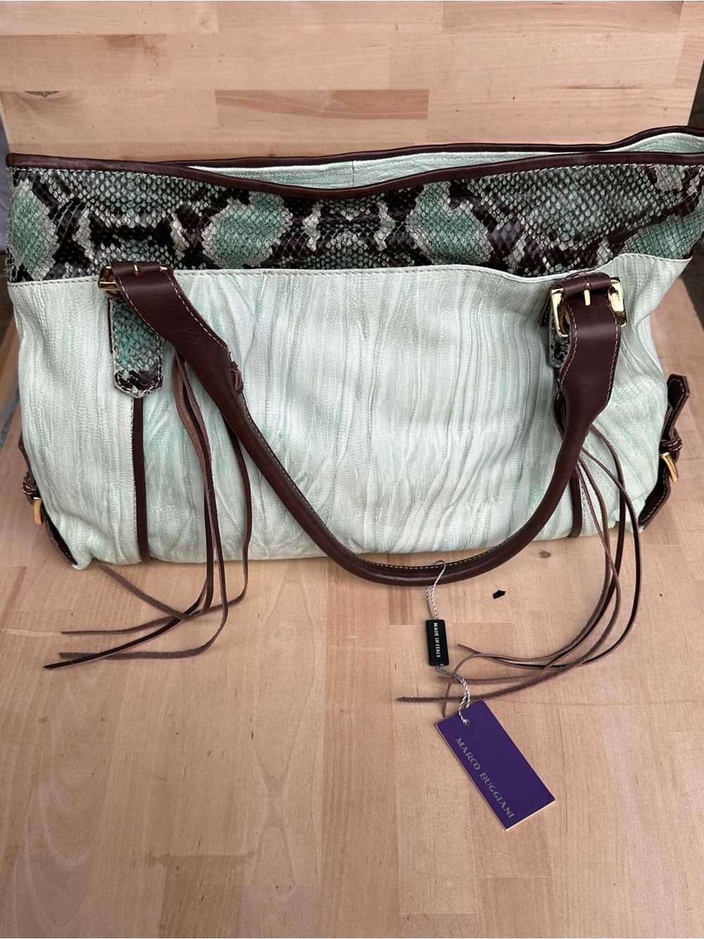 Vintage Mint Green & Brown Tote Bag with Snake-Print Trim
